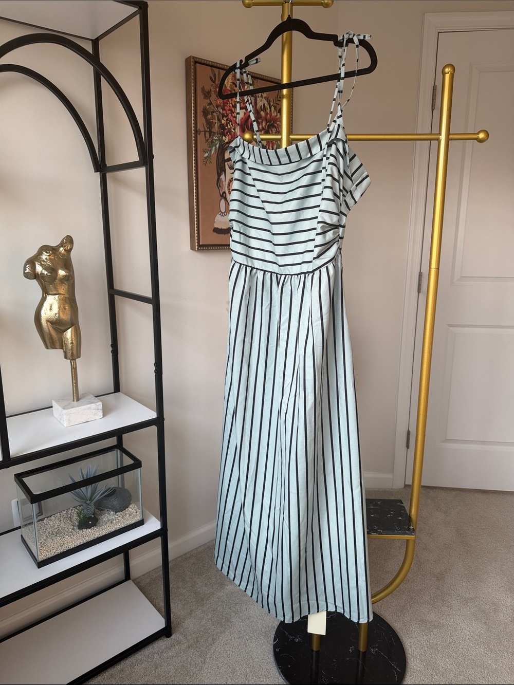 HALARA White One-Shoulder Striped Maxi Dress